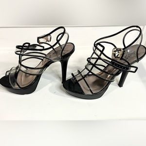Charlotte Russe black patent leather/clear       sandals with straps. Size10